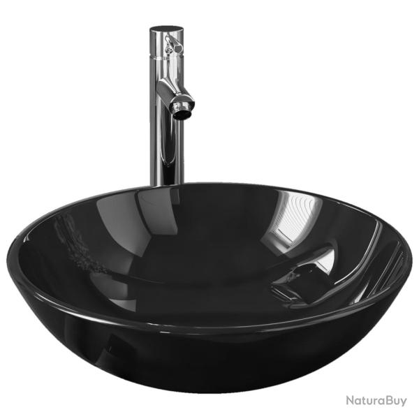 Lavabo vasque salle de bain diam�tre 42 cm avec robinet et drain � poussoir verre tremp� 02_0002854