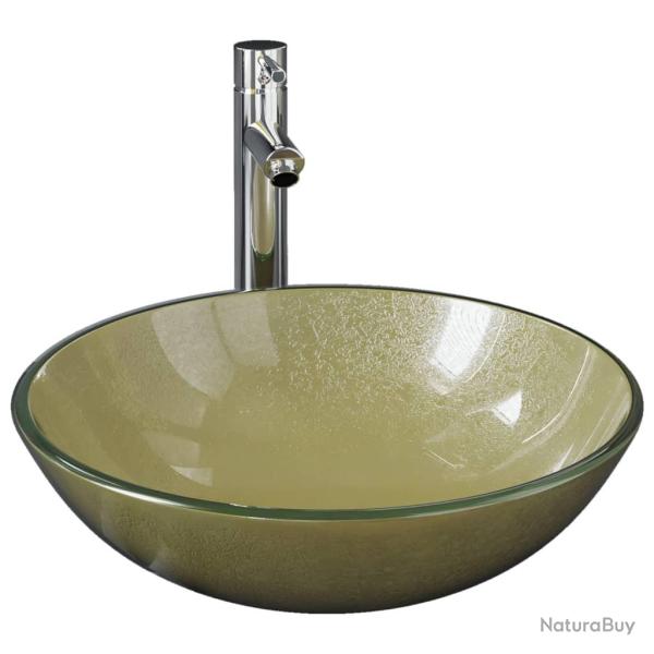 Lavabo vasque salle de bain diam�tre 42 cm avec robinet et drain � poussoir verre tremp� 02_0002864