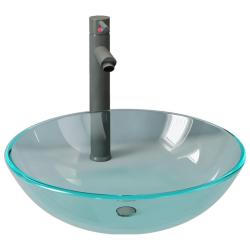 Lavabo salle de bain diam&egrave;tre 42 cm avec robinet et drain &agrave; poussoir verre tremp&eacute; 02_0002847