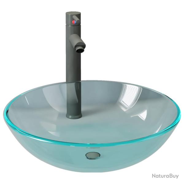 Lavabo salle de bain diam�tre 42 cm avec robinet et drain � poussoir verre tremp� 02_0002847