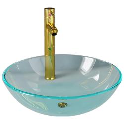 Lavabo de bain diam&egrave;tre 42 cm avec robinet et drain &agrave; poussoir verre tremp&eacute; 02_0002846