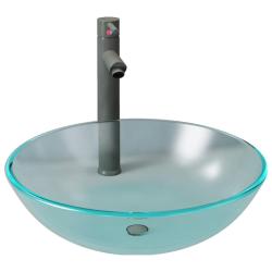 Lavabo salle de bain diam&egrave;tre 42 cm avec robinet et drain &agrave; poussoir verre tremp&eacute; 02_0002852