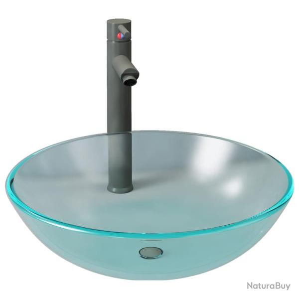Lavabo salle de bain diam�tre 42 cm avec robinet et drain � poussoir verre tremp� 02_0002852