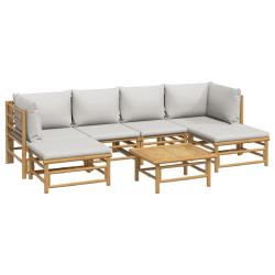 Salon de jardin meuble d'ext&eacute;rieur ensemble de mobilier 7 pi&egrave;ces avec coussins gris clair bambou 02