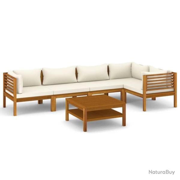 Salon de jardin meuble d'ext�rieur ensemble de mobilier 6 pi�ces avec coussin cr�me bois d'acacia s