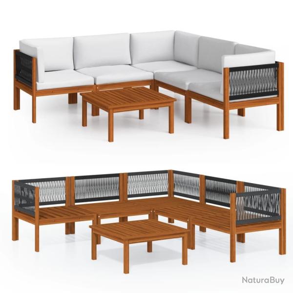 Salon de jardin meuble d'ext�rieur ensemble de mobilier 6 pi�ces avec coussins cr�me bois d'acacia