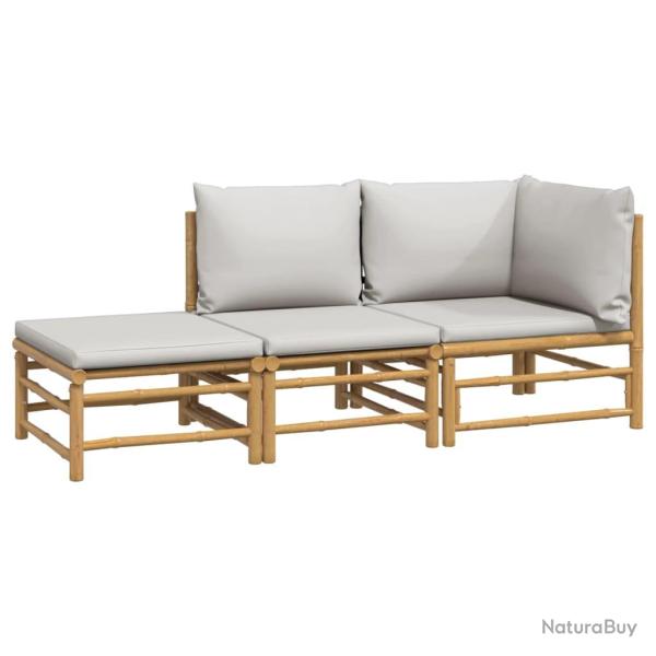Salon de jardin meuble d'ext�rieur ensemble de mobilier 3 pi�ces avec coussins gris clair bambou 02