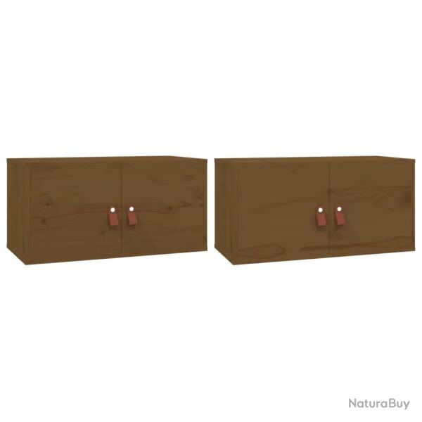 Lot de 2 armoires murales pratiques rangement salon 60 x 30 x 30 cm en bois de pin massif marron mi