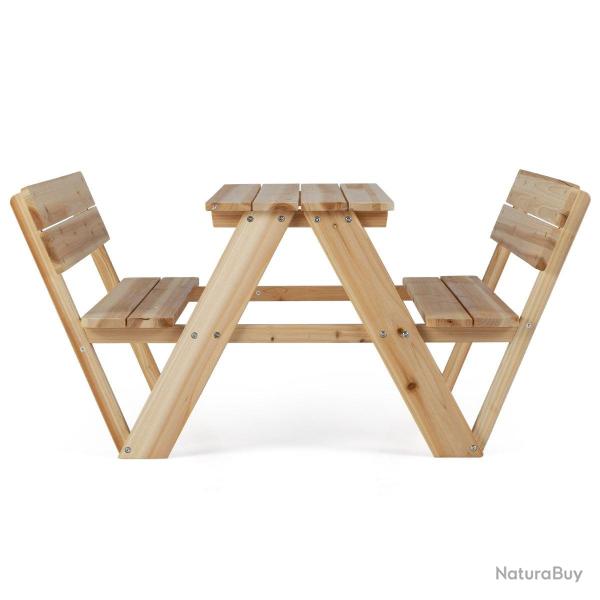 Table de pique-nique pour enfants 116 x 90 x 55 cm avec 2 bancs int�gr�s ambiance cosy en bois natu