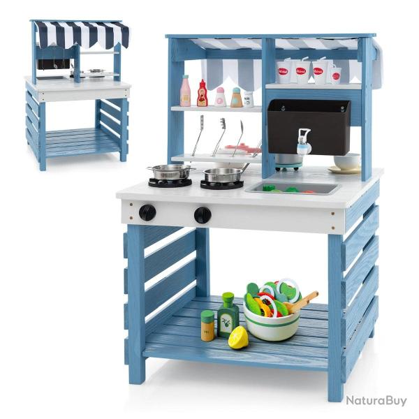 Cuisine de jeu 2 en 1 en bois 58 x 56 x 87 cm avec �vier et robinet jeu cr�atif moderne en bleu et