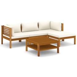 Salon de jardin meuble d'ext&eacute;rieur ensemble de mobilier 5 pi&egrave;ces avec coussin cr&egrave;me bois d'acacia s
