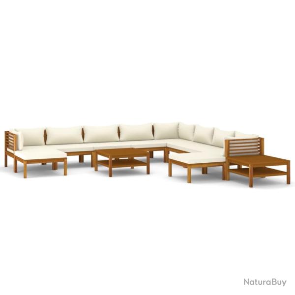 Salon de jardin meuble d'ext�rieur ensemble de mobilier 12 pi�ces avec coussin cr�me bois d'acacia