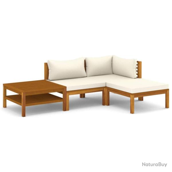 Salon de jardin meuble d'ext�rieur ensemble de mobilier 4 pi�ces avec coussin cr�me bois d'acacia s