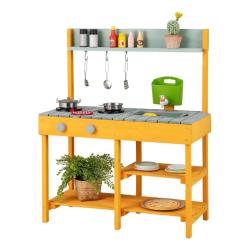 Cuisine enfant en bois sapin 75 x 35 x 92 cm avec &eacute;vier amovible et robinet fonctionnel en jaune gr
