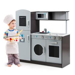 Cuisine enfant lot de 1 avec &eacute;vier cuisini&egrave;re r&eacute;frig&eacute;rateur rangement spacieux moderne en MDF marro