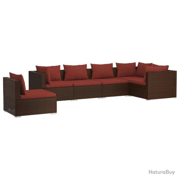 Salon de jardin meuble d'ext�rieur ensemble de mobilier 6 pi�ces avec coussins r�sine tress�e marro