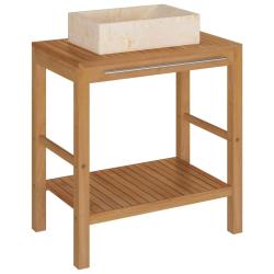 Armoire de toilette 74 x 45 x 75 cm en teck solide avec lavabo en marbre cr&egrave;me 02_0006620