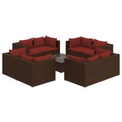 Salon de jardin meuble d'ext&eacute;rieur ensemble de mobilier 9 pi&egrave;ces avec coussins r&eacute;sine tress&eacute;e marro