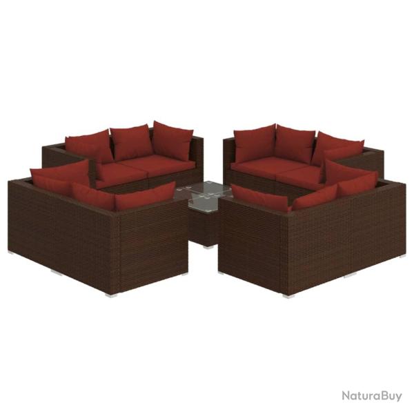 Salon de jardin meuble d'ext�rieur ensemble de mobilier 9 pi�ces avec coussins r�sine tress�e marro