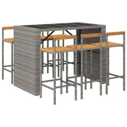 Ensemble de bar de jardin meuble ext&eacute;rieur terrasse 7 pi&egrave;ces gris poly rotin/bois massif acacia 02_