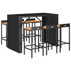 Ensemble de bar de jardin meuble ext&eacute;rieur terrasse 7 pi&egrave;ces noir poly rotin/bois massif acacia 02_