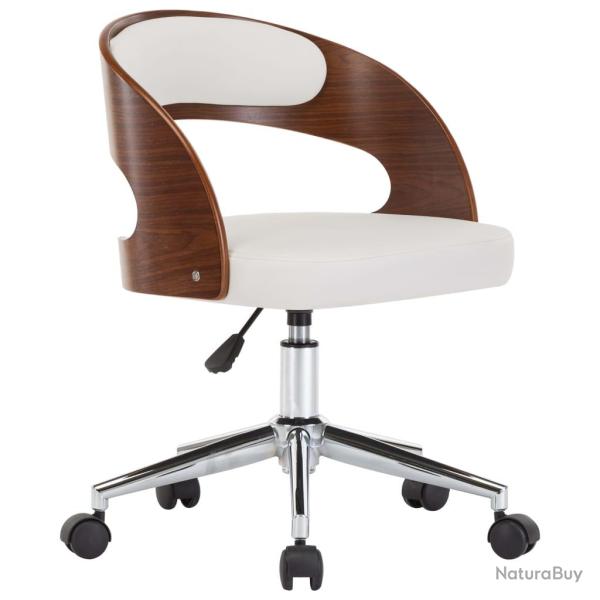 Chaise fauteuil si�ge pivotante de bureau informatique �tude bois courb� et similicuir blanc 02_002