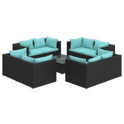 Salon de jardin meuble d'ext&eacute;rieur ensemble de mobilier 9 pi&egrave;ces avec coussins r&eacute;sine tress&eacute;e noir