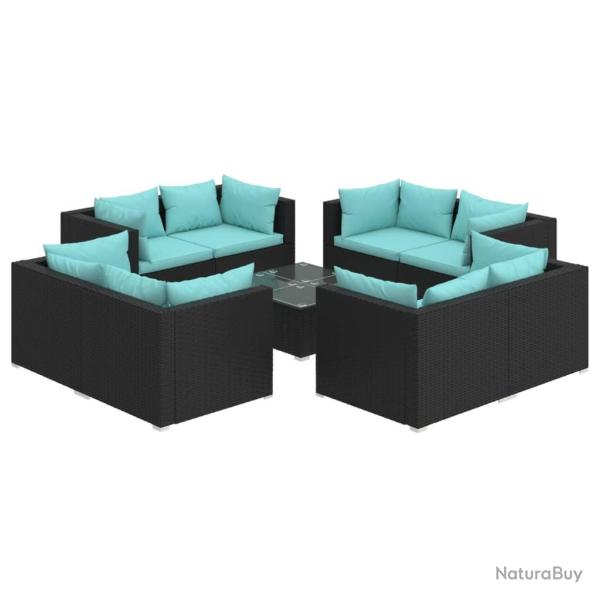 Salon de jardin meuble d'ext�rieur ensemble de mobilier 9 pi�ces avec coussins r�sine tress�e noir