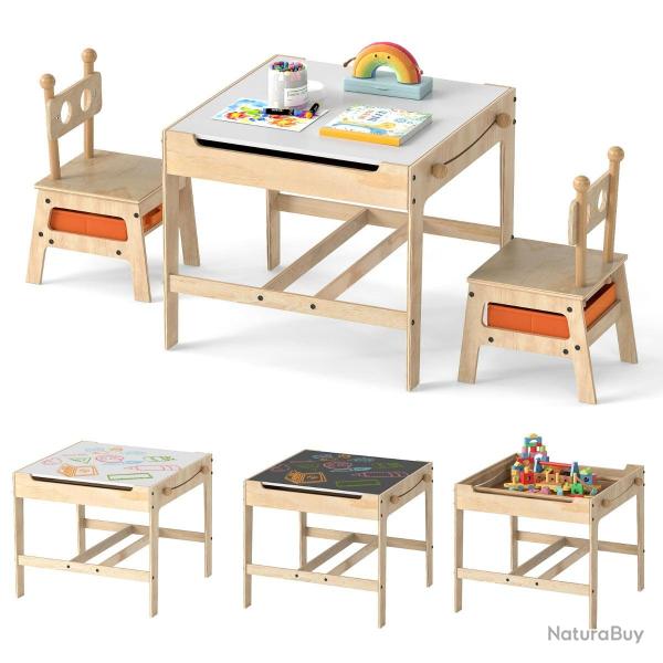 Table et chaises 4 en 1 pour enfants 60 x 60 x 49 cm avec rangement ludique style naturel 20_0018935
