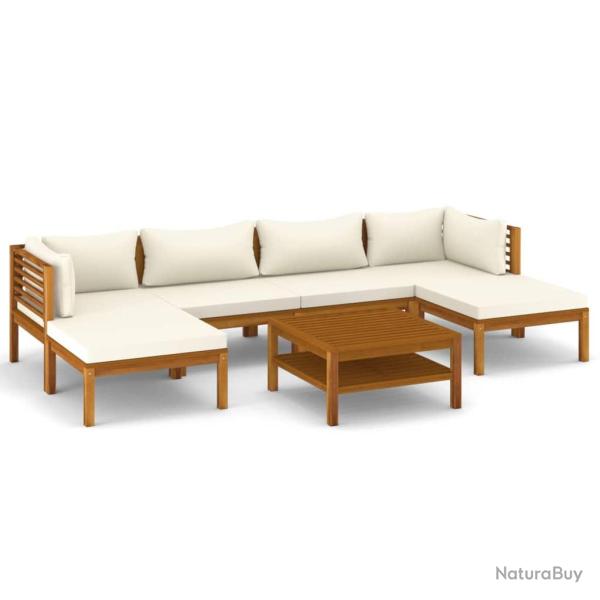 Salon de jardin meuble d'ext�rieur ensemble de mobilier 7 pi�ces avec coussin cr�me bois d'acacia s