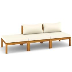Salon de jardin meuble d'ext&eacute;rieur ensemble de mobilier 3 pi&egrave;ces avec coussin cr&egrave;me bois d'acacia s