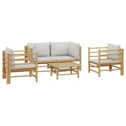 Salon de jardin meuble d'ext&eacute;rieur ensemble de mobilier 5 pi&egrave;ces avec coussins gris clair bambou 02