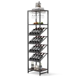 Range-bouteilles &agrave; vin autoportant 45 x 35 x 171 cm 16 bouteilles et 6 verres style rustique en m&eacute;t