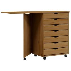 Armoire roulante avec bureau pliable espace de rangement 105,5 x 39 x 74,5 cm en bois de pin marron