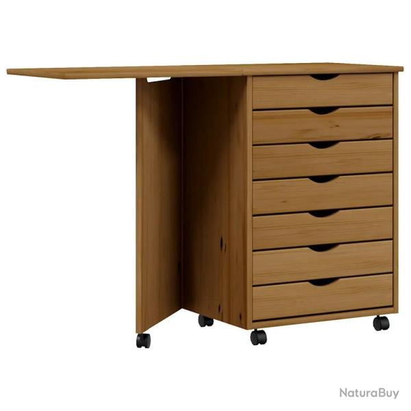 Armoire roulante avec bureau pliable espace de rangement 105,5 x 39 x 74,5 cm en bois de pin marron
