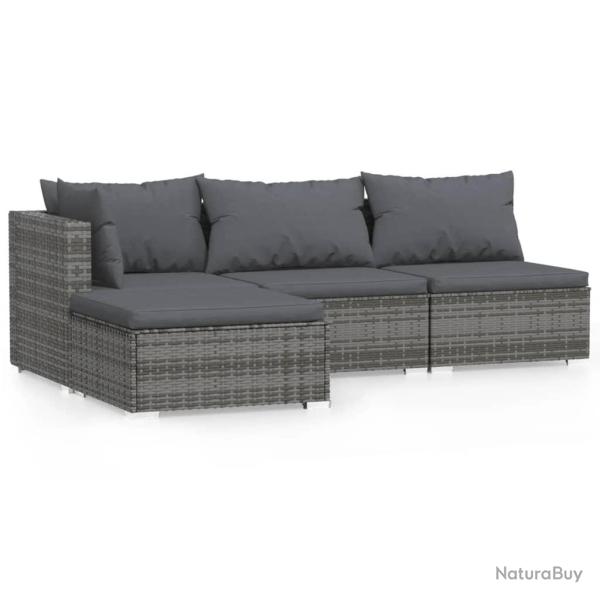 Salon de jardin meuble d'ext�rieur ensemble de mobilier 4 pi�ces avec coussins gris r�sine tress�e