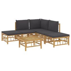 Salon de jardin meuble d'ext&eacute;rieur ensemble de mobilier 6 pi&egrave;ces avec coussins gris fonc&eacute; bambou 02