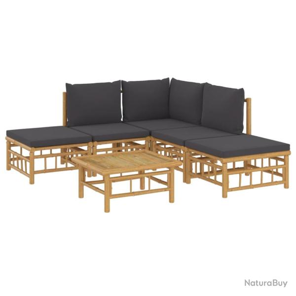 Salon de jardin meuble d'ext�rieur ensemble de mobilier 6 pi�ces avec coussins gris fonc� bambou 02