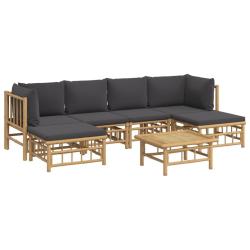 Salon de jardin meuble d'ext&eacute;rieur ensemble de mobilier 7 pi&egrave;ces avec coussins gris fonc&eacute; bambou 02