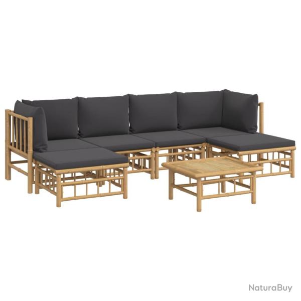 Salon de jardin meuble d'ext�rieur ensemble de mobilier 7 pi�ces avec coussins gris fonc� bambou 02