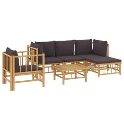 Salon de jardin meuble d'ext&eacute;rieur ensemble de mobilier 6 pi&egrave;ces avec coussins gris fonc&eacute; bambou 02