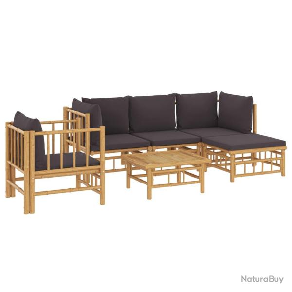 Salon de jardin meuble d'ext�rieur ensemble de mobilier 6 pi�ces avec coussins gris fonc� bambou 02