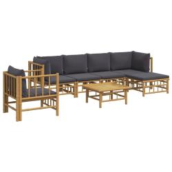 Salon de jardin meuble d'ext&eacute;rieur ensemble de mobilier 7 pi&egrave;ces avec coussins gris fonc&eacute; bambou 02