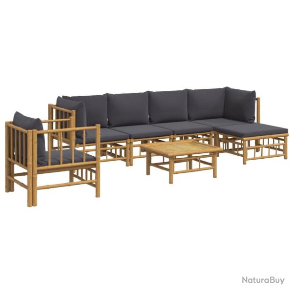 Salon de jardin meuble d'ext�rieur ensemble de mobilier 7 pi�ces avec coussins gris fonc� bambou 02