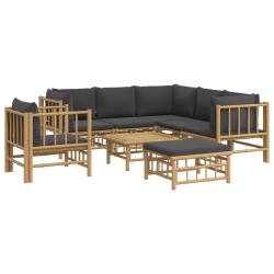 Salon de jardin meuble d'ext&eacute;rieur ensemble de mobilier 8 pi&egrave;ces avec coussins gris fonc&eacute; bambou 02