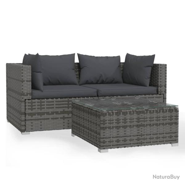 Salon de jardin meuble d'ext�rieur ensemble de mobilier 3 pi�ces avec coussins gris r�sine tress�e