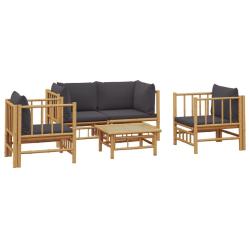 Salon de jardin meuble d'ext&eacute;rieur ensemble de mobilier 5 pi&egrave;ces avec coussins gris fonc&eacute; bambou 02