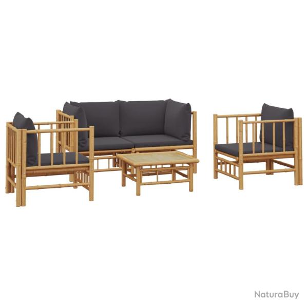 Salon de jardin meuble d'ext�rieur ensemble de mobilier 5 pi�ces avec coussins gris fonc� bambou 02