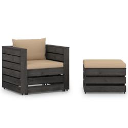 Salon de jardin meuble d'ext&eacute;rieur ensemble de mobilier 2 pi&egrave;ces avec coussins bois impr&eacute;gn&eacute; de gri