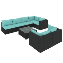Salon de jardin meuble d'ext&eacute;rieur ensemble de mobilier 8 pi&egrave;ces avec coussins noir r&eacute;sine tress&eacute;e